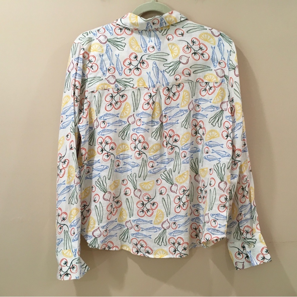 C&C California Fish & Veggie Print Button Down Shirt Linen White Womens L NWT - Picture 2 of 6
